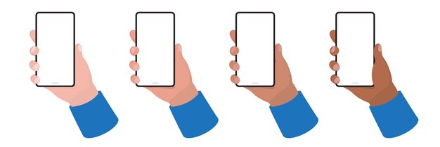 Mano masculina sosteniendo un teléfono con una pantalla en blanco sobre fondo blanco Plantilla de maqueta de 4 tonos de piel diferentes