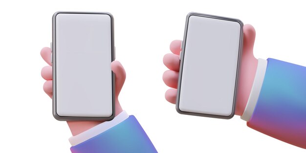 Mano masculina con teléfono inteligente Dispositivo con pantalla limpia Conjunto de ilustraciones 3D en estilo de dibujos animados Color en blanco para diseño web diseño de redes sociales Forma moderna de información de comunicación