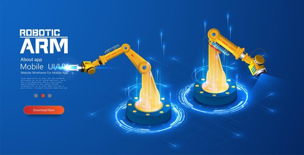 Mano mecánica aislada en fondo azul Manipulador de robot industrial Icono de brazo robótico mecánico en diseño vectorial isométrico Tecnología industrial Sistema de cámara de sensor de visión robótica de la industria
