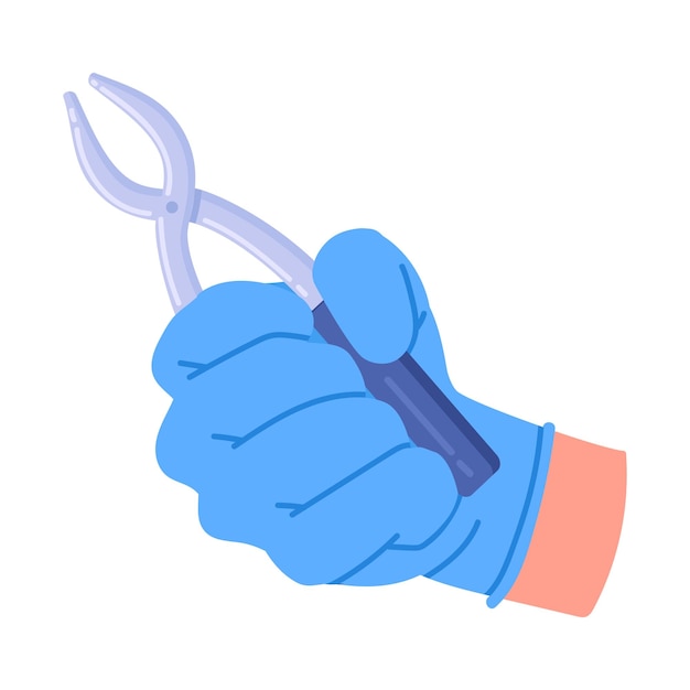 La mano del médico sosteniendo pinzas médicas El trabajador médico sostiene herramientas profesionales Cortadores médicos en la mano de la enfermera Ilustración vectorial plana Equipo médico de dibujos animados en la mano del médico