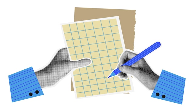 La mano de medio tono escribe en una nota de papel en blanco en estilo de moda La pluma de mano punteada en estilo de medio tono vintage