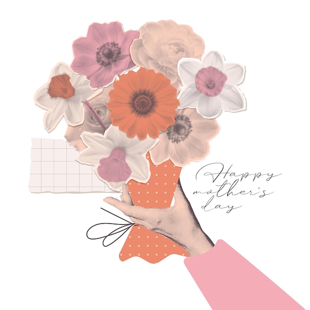 Mano de medio tono retro que sostiene un ramo de varias flores flores silvestres blancas en un fondo transparente