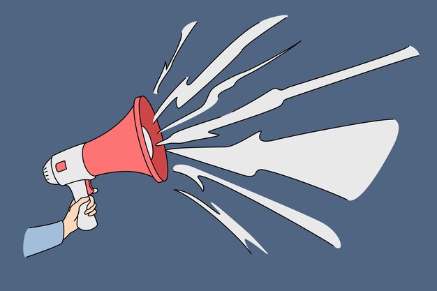Mano con megáfono hablando en voz alta. Ilustración del concepto de vector de altavoz de marketing promocional de publicidad.