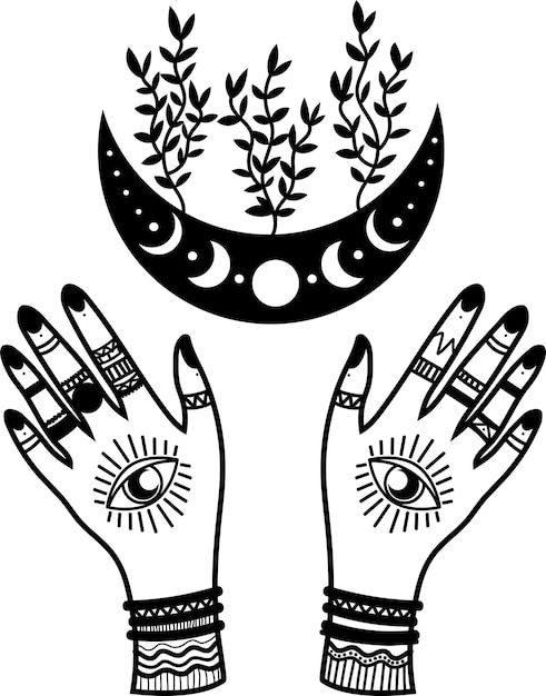 Mano mística con cristales estrellas luna Elementos de diseño para bodas tatuajes estilo boho de moda
