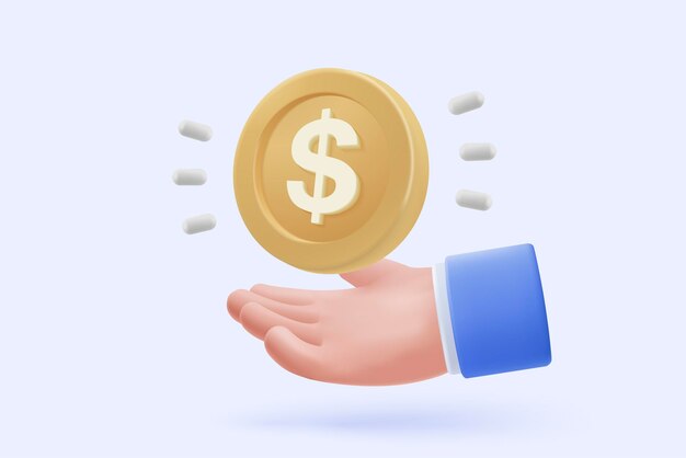 Mano de moneda de dinero 3D sosteniendo sobre fondo pastel sosteniendo dinero en concepto de mano de negocios pago en línea y pago concepto de procesamiento de vector 3d finanzas inversión dinero ahorro en mano aislado