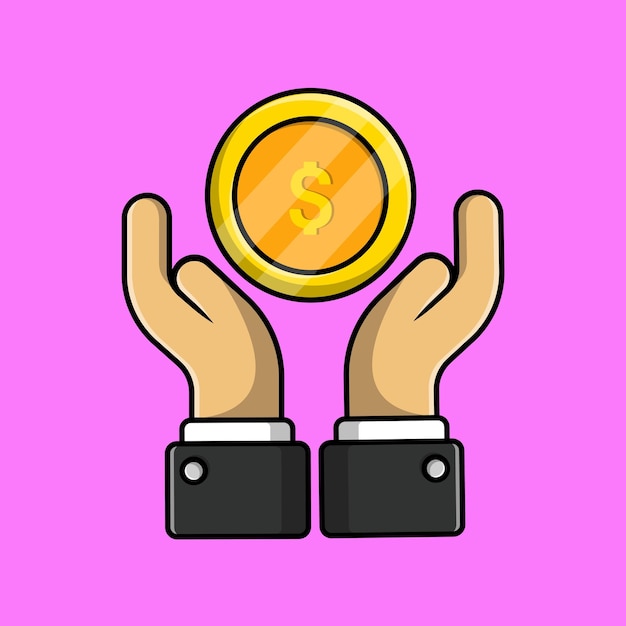 mano, con, moneda de oro, caricatura, vector, icono, ilustración