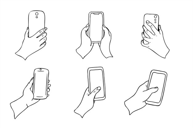 Mano monocromática sosteniendo verticalmente teléfono con pantalla blanca boceto vectorial aislado pintado con tintas negras especia vacía en dispositivo móvil para cualquier texto ilustración dibujada a mano para cartel