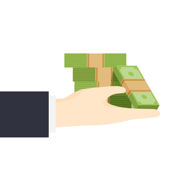 Mano con un montón de billetes de dólar Una pila de dinero en efectivo Facturas de dinero Beneficios o ahorros Donaciones a organizaciones benéficas