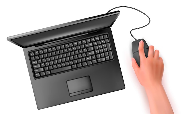Mano con mouse de computadora y notebook Ilustración vectorial