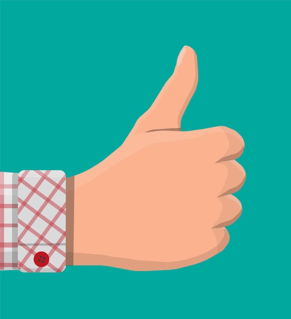 La mano muestra el pulgar hacia arriba. Gesto positivo, bueno o genial. Me gusta en las redes sociales, comentarios de los clientes, reseñas. Ilustración de vector de estilo plano
