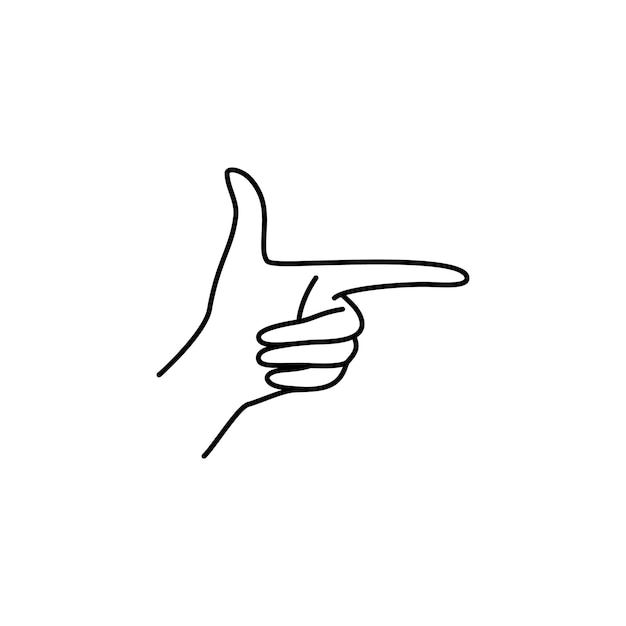 La mano de una mujer apunta hacia la derecha. Icono de contorno vectorial con gesto de mano femenina con el dedo índice en estilo lineal minimalista. Para logotipo, impresión en camiseta, póster, postal y diseño web.