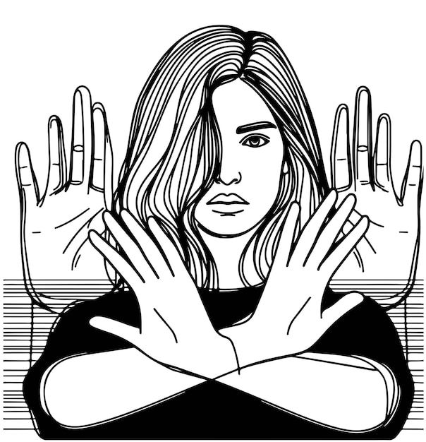 La mano de la mujer cruza el boceto negro.