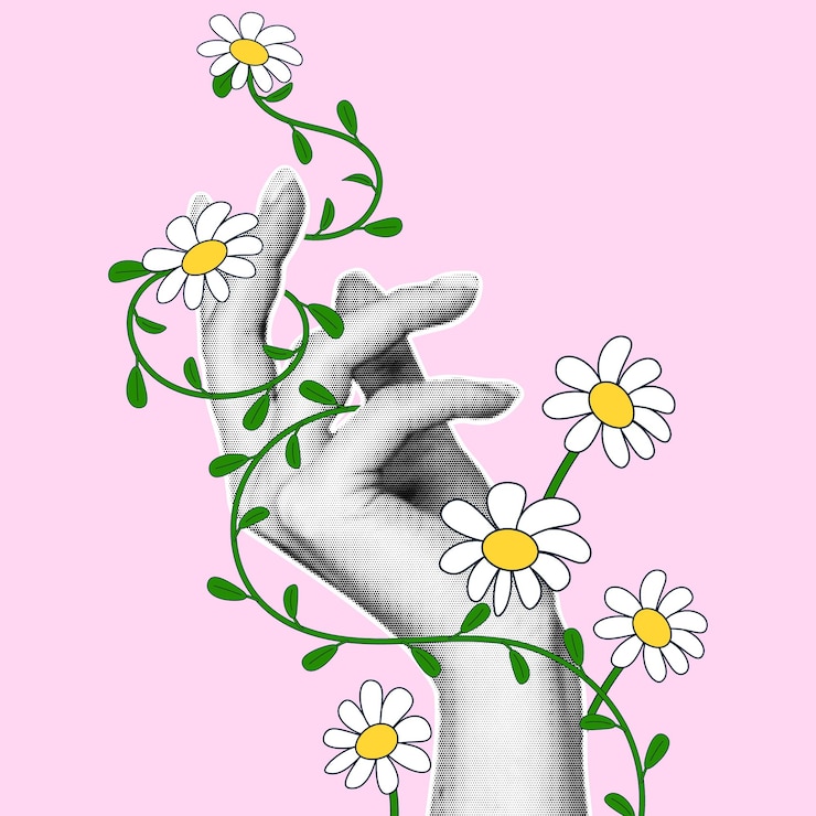 Vector mano de mujer con un efecto de medio tono entrelazada con margaritas en estilo de dibujos animados ilustración moderna de primavera
