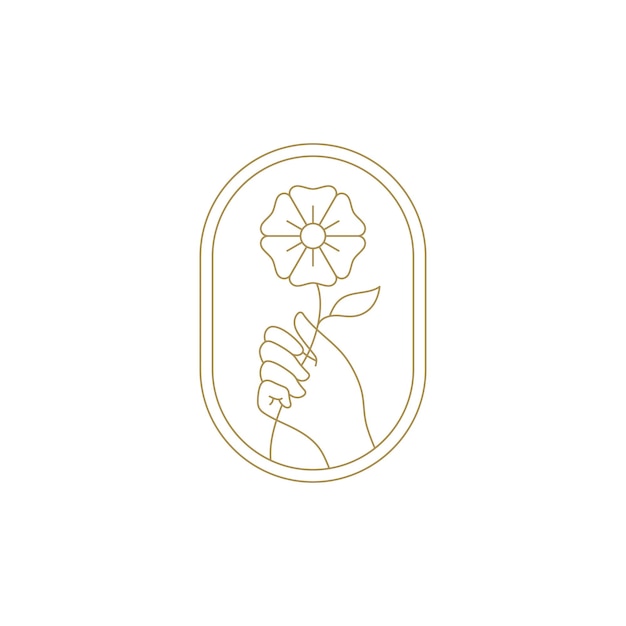 Mano de mujer elegante con flor natural en elipse marco dorado línea de arte icono ilustración vectorial
