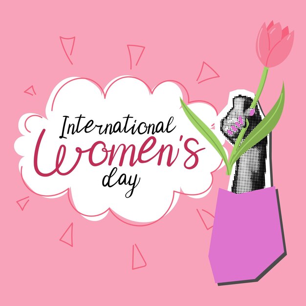 Una mano de mujer con una flor y texto en la nube es el Día Internacional de la Mujer con puntos en los brazos de las mujeres