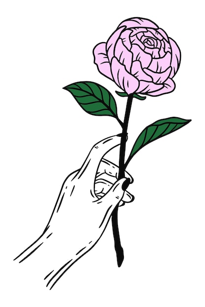 Vector mano de mujer con gesto de flor de rosa ilustración de arte de línea plana