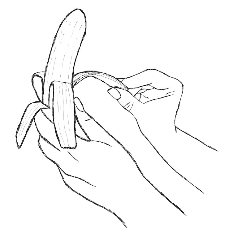 Vector mano de mujer limpia un dibujo de grabado de boceto de plátano para colorear en blanco y negro