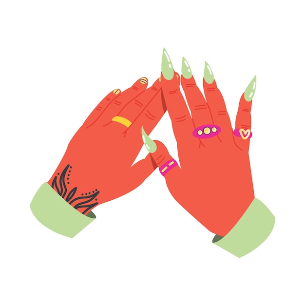 Mano de mujer con una manicura brillante uñas largas varios anillos modernos imágenes prediseñadas de dibujos Mano de mujer con una manicura brillante uñas largas varios anillos modernos imágenes prediseñadas de dibujos