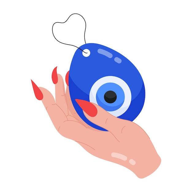 Vector la mano de una mujer con un ojo azul y un corazón en el dedo medio.