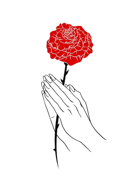 La mano de una mujer que reza sosteniendo una rosa roja