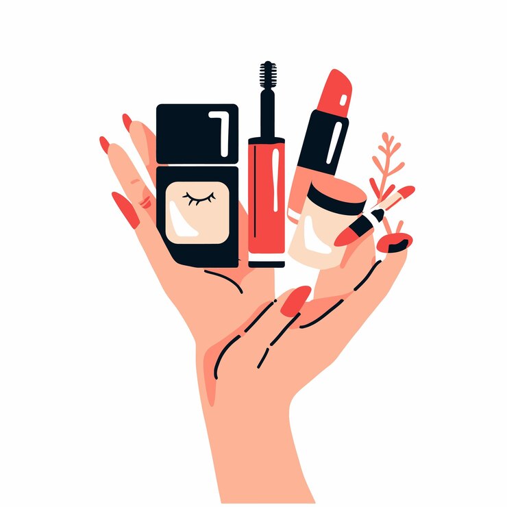 Vector la mano de una mujer sosteniendo una botella de perfume y una botilla de perfume