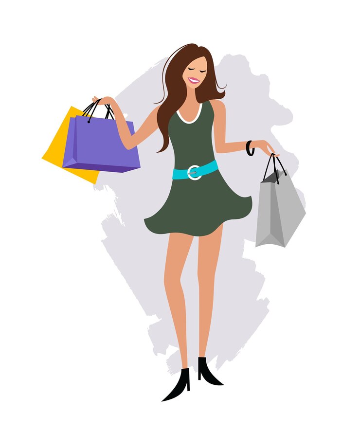 Vector mano de mujer sosteniendo la ilustración de vector de diseño de dibujos animados de bolsa de compras