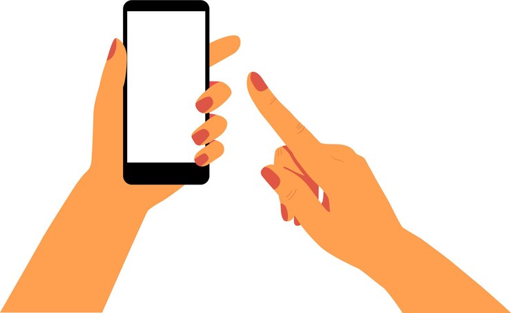 Vector mano de la mujer sosteniendo el teléfono inteligente y apuntando a la ilustración vectorial de la pantalla en blanco
