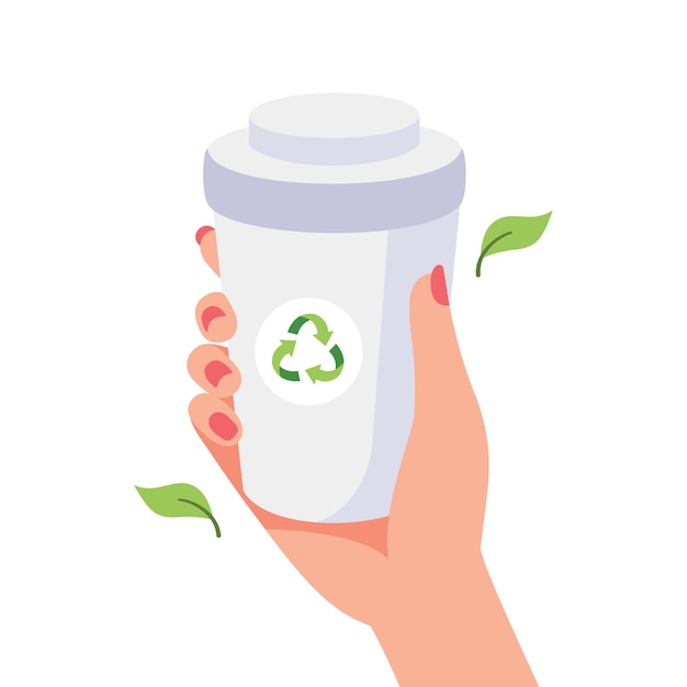 Mano de mujer sosteniendo un vaso de papel con un cartel de reciclaje y hojas estilo de vida sostenible cero residuos concepto ecológico ilustración vectorial en estilo de dibujos animados