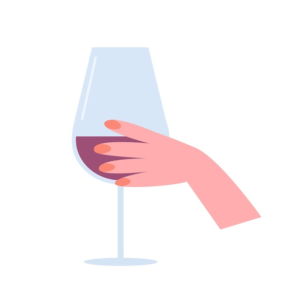 La mano de la mujer sosteniendo un vaso de vino rojo ilustración vectorial plana Ilustración plana de degustación de vino