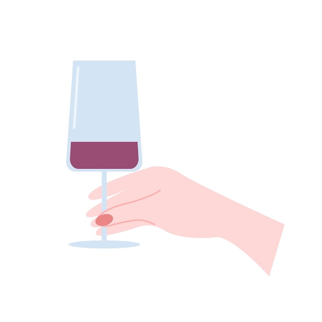 La mano de la mujer sosteniendo un vaso de vino rojo ilustración vectorial plana Ilustración plana de degustación de vino