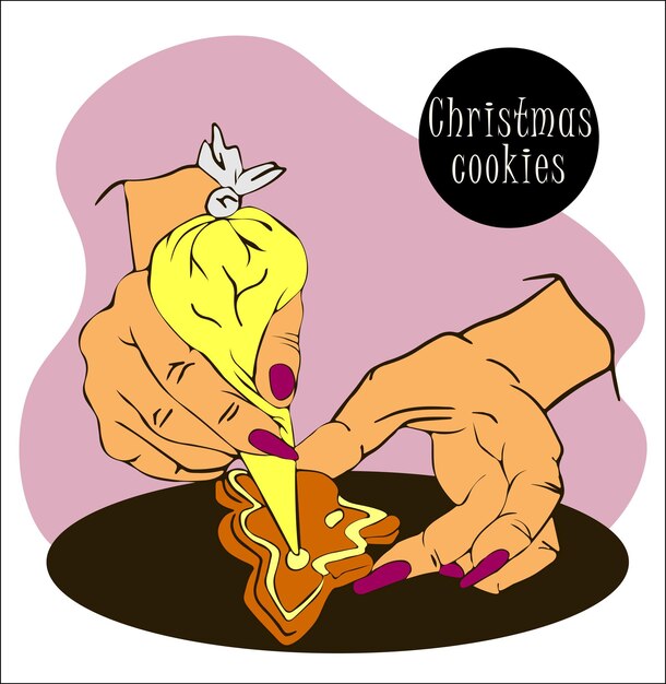 La mano de la mujer sostiene una bolsa de pastelería con la decoración de hielo del pan de jengibre de Navidad Proceso