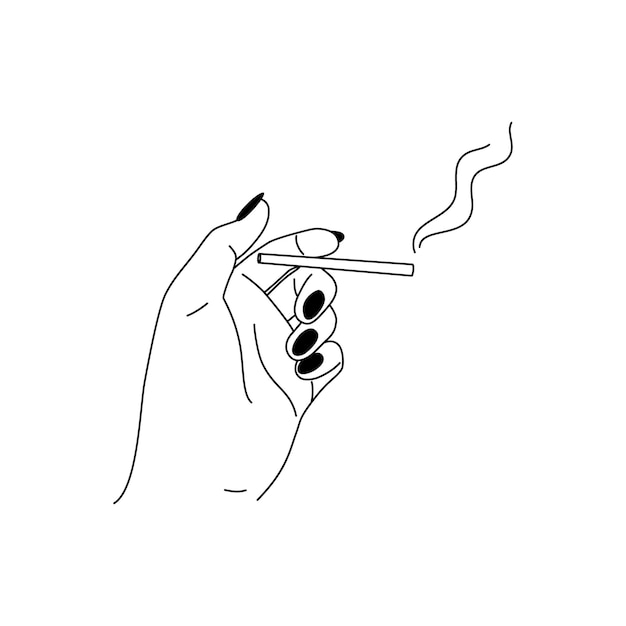 La mano de la mujer sostiene el cigarrillo en un estilo lineal minimalista sobre fondo blanco. Ilustración de vector para imprimir camisetas, carteles, logotipos