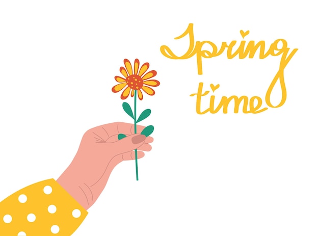 La mano de la mujer sostiene una flor y la inscripción cerca es la hora de la primavera vector ilustración de la primavera