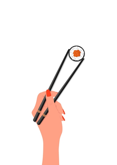 La mano de una mujer sostiene palitos de rollo Concepto de restaurante de sushi Comida asiática sobre fondo blanco Vector