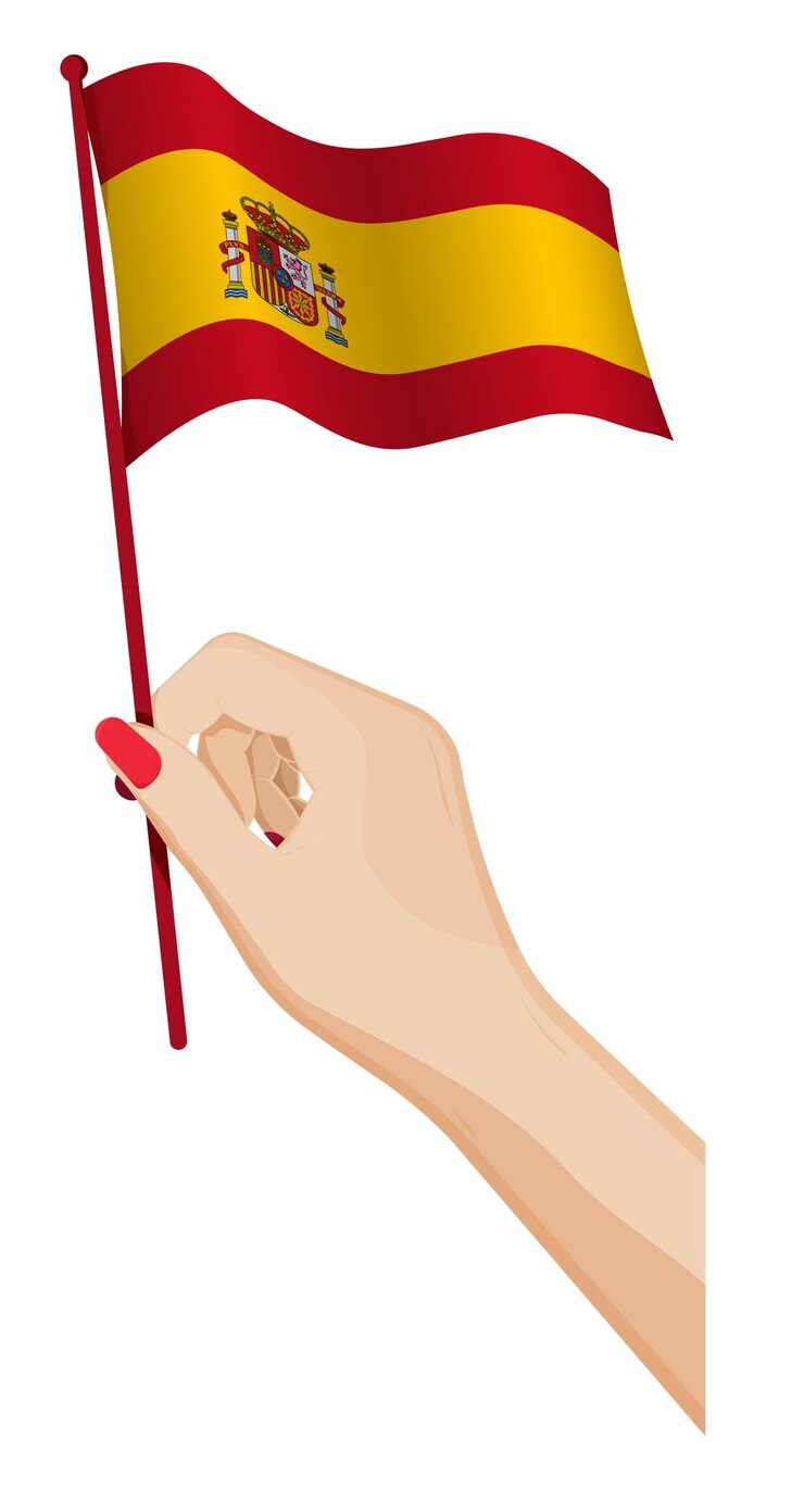 Vector la mano de la mujer sostiene suavemente la pequeña bandera de españa. elemento de diseño de vacaciones. vector de dibujos animados sobre fondo blanco