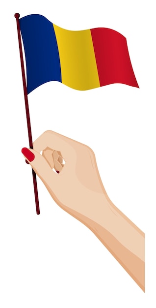 Vector la mano de la mujer sostiene suavemente la pequeña bandera de rumania. elemento de diseño de vacaciones. vector de dibujos animados sobre fondo blanco