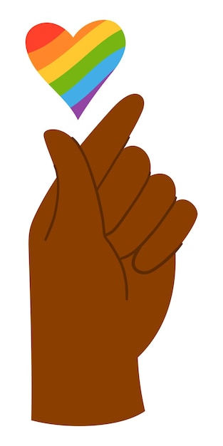 La mano negra haciendo el gesto del mini corazón con el corazón del arco iris por encima aislado en blanco