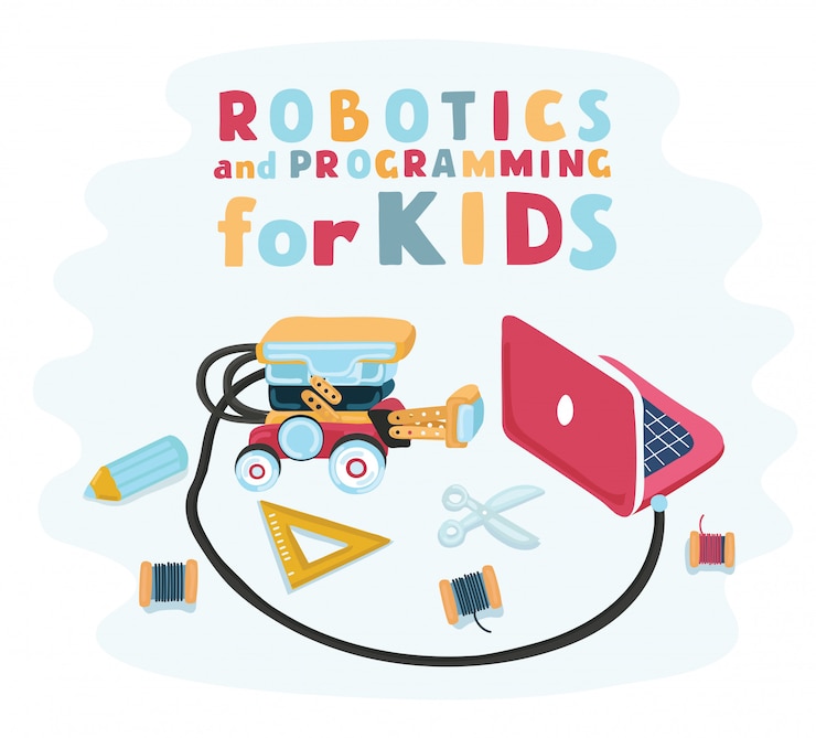 Vector mano de niños inteligentes diseñado robótica para niños, diseñador de robots con un tren. electrónica diseño construir diseño. ensamblar el robot