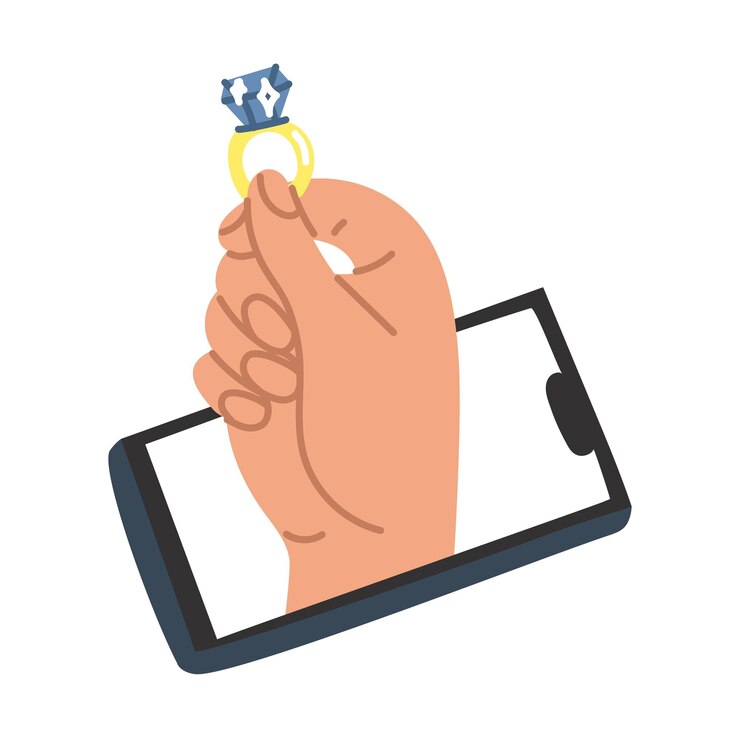 Vector una mano de la pantalla del teléfono extiende un anillo de diamantes entrega de regalos en línea pedido oferta de compras