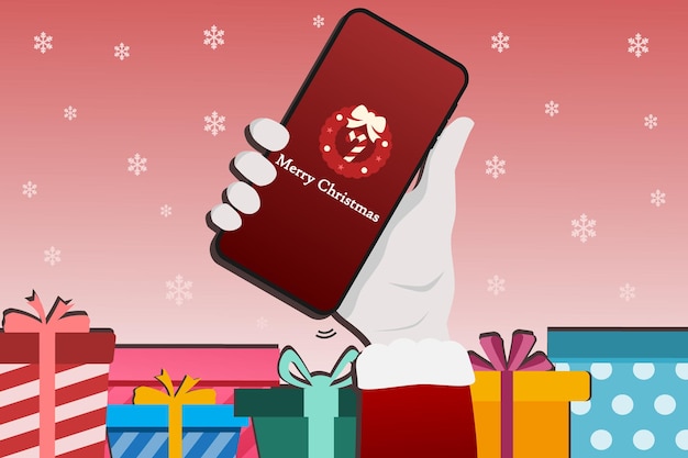 La mano de Papá Noel sosteniendo un teléfono móvil con el saludo de Feliz Navidad Ilustración vectorial