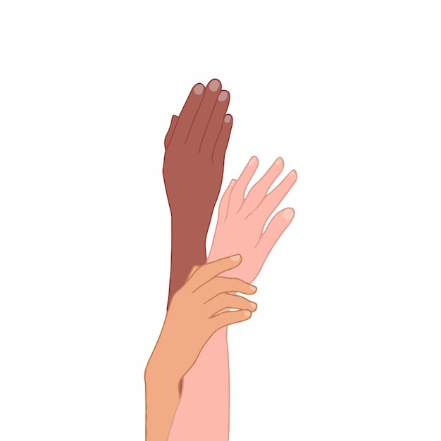 Mano de personas con diferentes colores de piel sobre fondo blanco ilustración de vector plano dibujado a mano