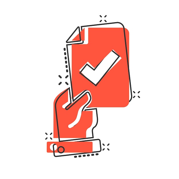 Mano de personas con icono de marca de verificación en estilo cómico Aceptar ilustración de vector de dibujos animados sobre fondo blanco aislado Concepto de negocio de efecto de salpicadura de elección de aprobación