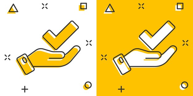 Mano de personas con icono de marca de verificación en estilo cómico Aceptar ilustración de vector de dibujos animados sobre fondo blanco aislado Concepto de negocio de efecto de salpicadura de elección de aprobación