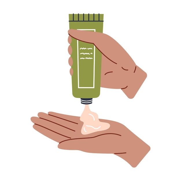 Mano de piel oscura de mujer exprimiendo crema de un tubo verde en una palma Ilustración de cuidado de la piel vectorial Niña negra usando crema de manos Cosmético diario