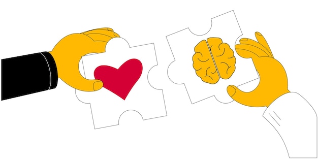 Una mano con una pieza del rompecabezas con un corazón y la otra con un cerebro