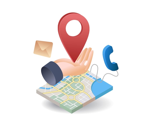 Mano con pin de ubicación del mapa infográfico plano isométrico ilustración 3d