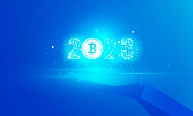 Mano de polígono de tecnología abstracta sosteniendo feliz año nuevo 2023 de bitcoin hitech concepto de comunicación de diseño de vector de mundo digital de clave privada