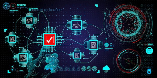 Mano de polígono bajo tocando con el sistema de gestión de datos DMS y el concepto de Business Analytics