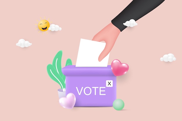 La mano pone la boleta de votación en la urna Concepto de elección Ilustración vectorial 3D