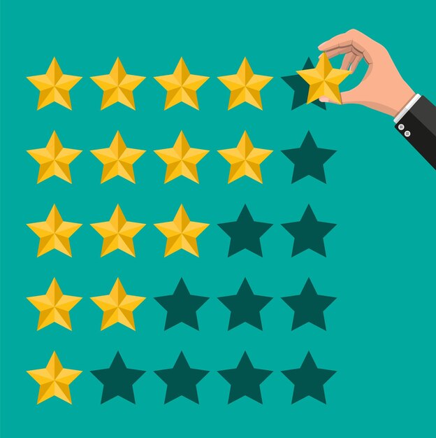Mano pone calificación. Reseñas de cinco estrellas. Testimonios, calificación, retroalimentación, encuesta, calidad y revisión.